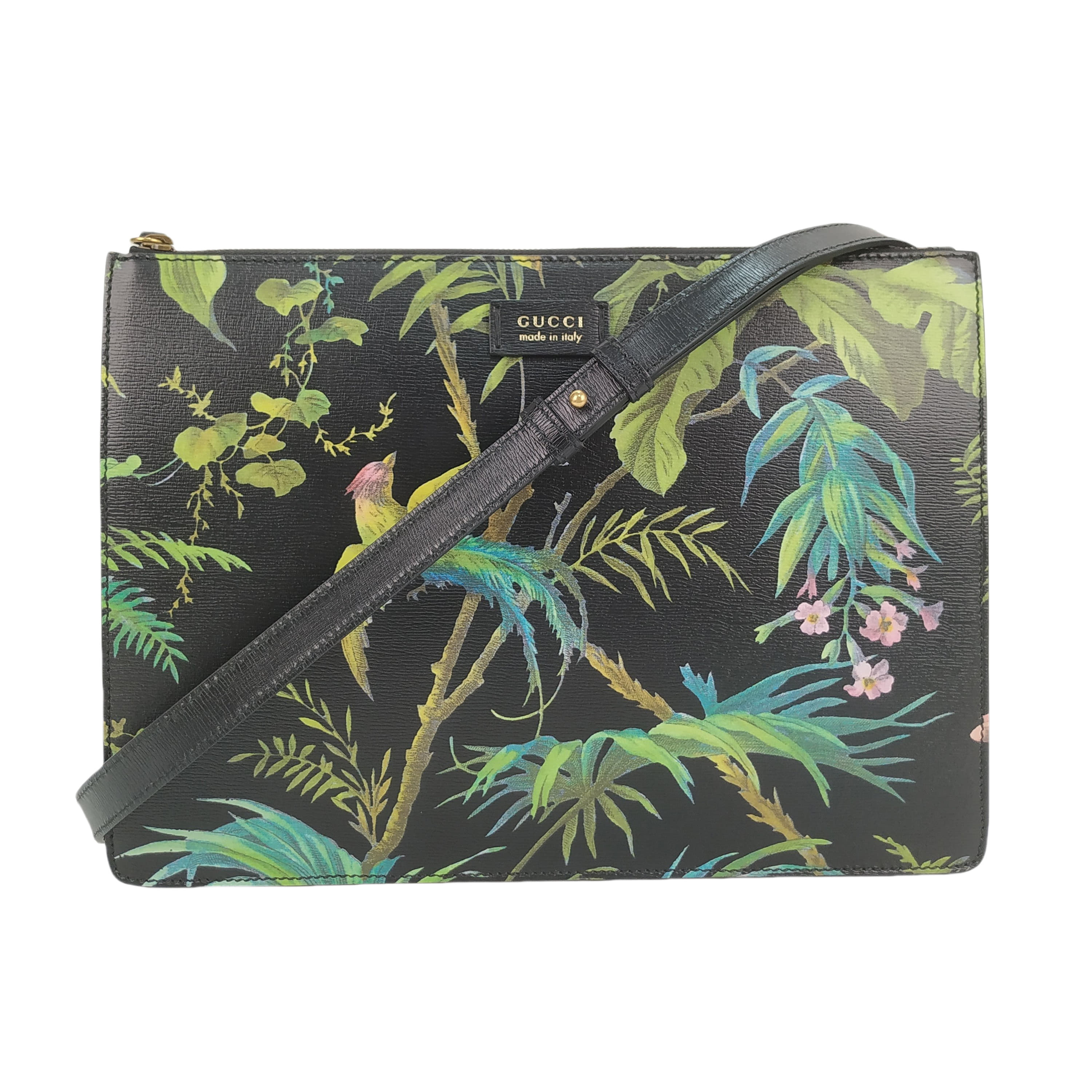 Gucci Black Leather Tropical Bird Print Capsule Crossbody Strap Bag