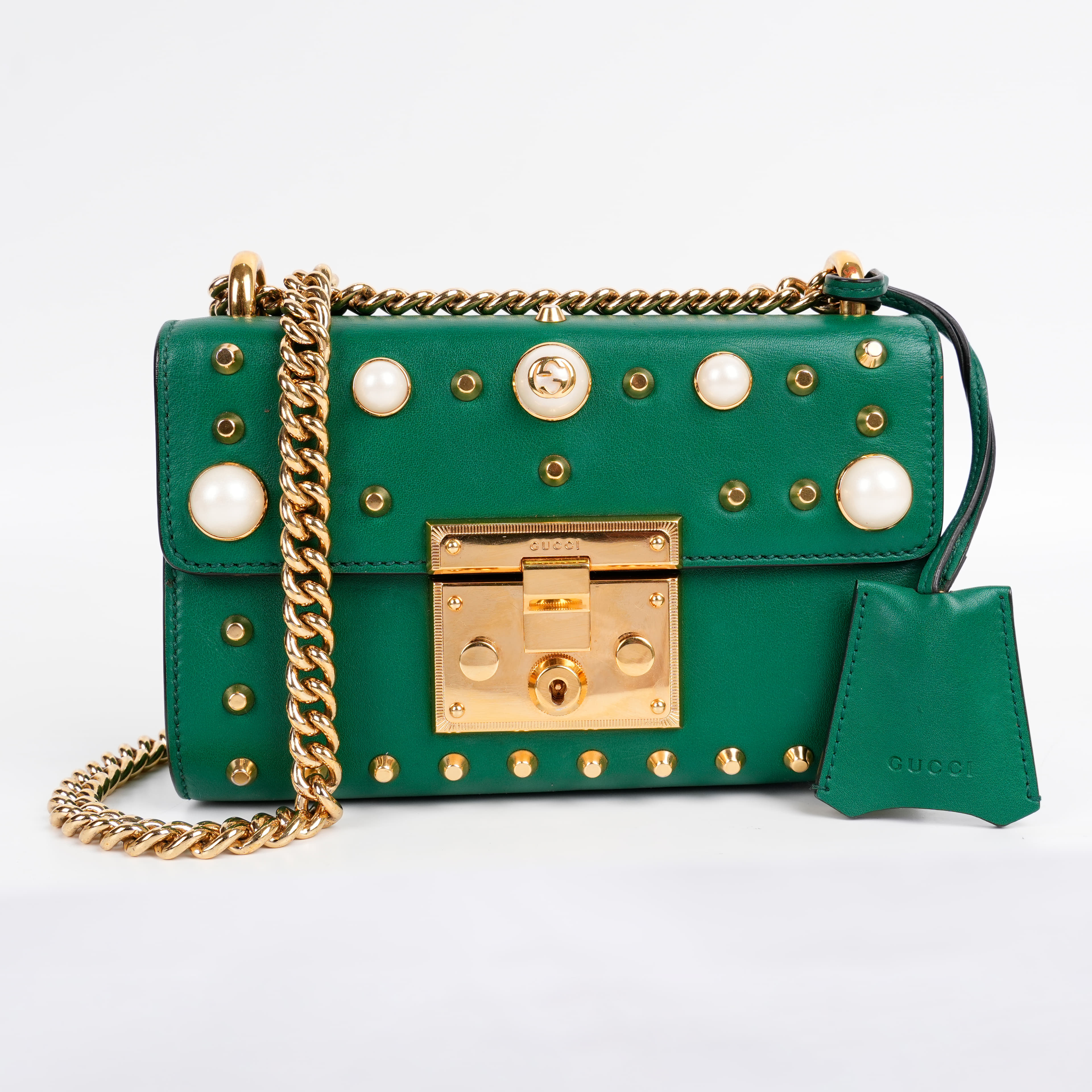 Gucci Green Leather Faux Pearl Stud Padlock Small Shoulder Bag