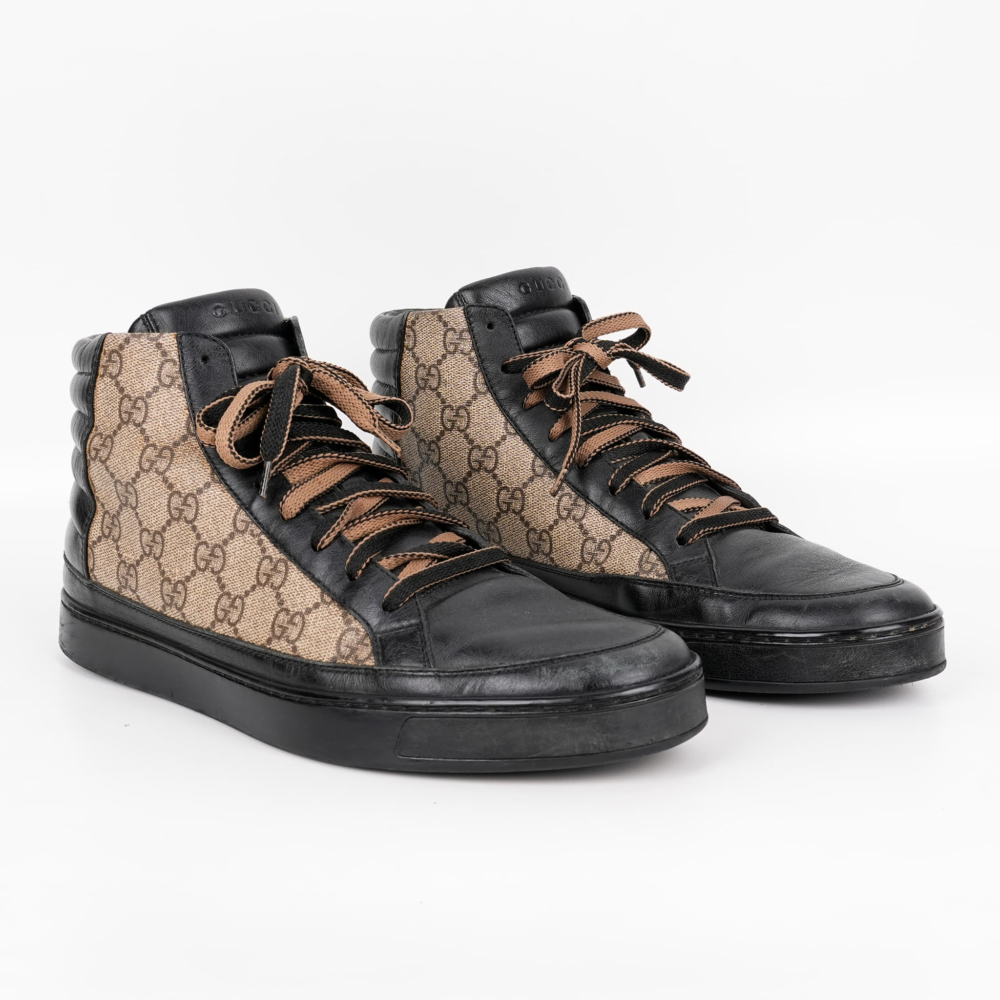 EU 42 - Gucci Black Leather And GG Supreme Canvas High-Top Sneakers