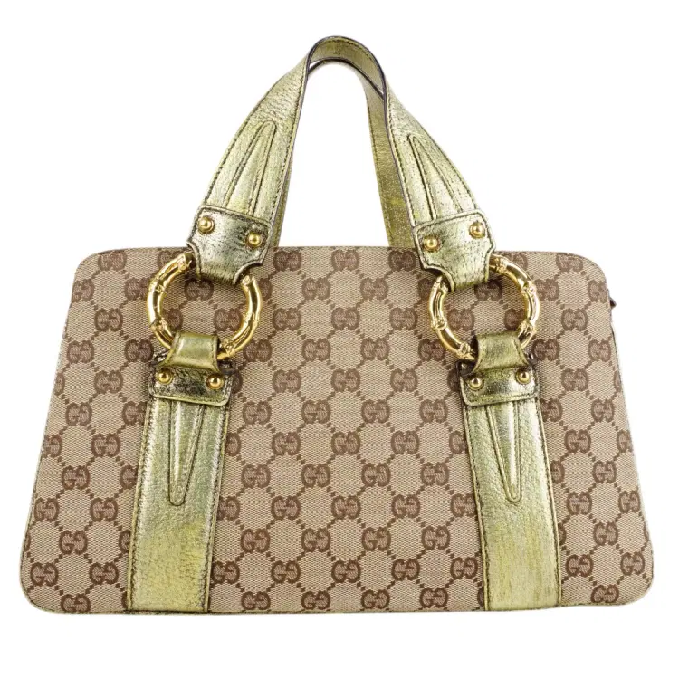 Gucci Metallic / Beige GG Canvas And Leather Bamboo Ring Satchel-Hover-Image