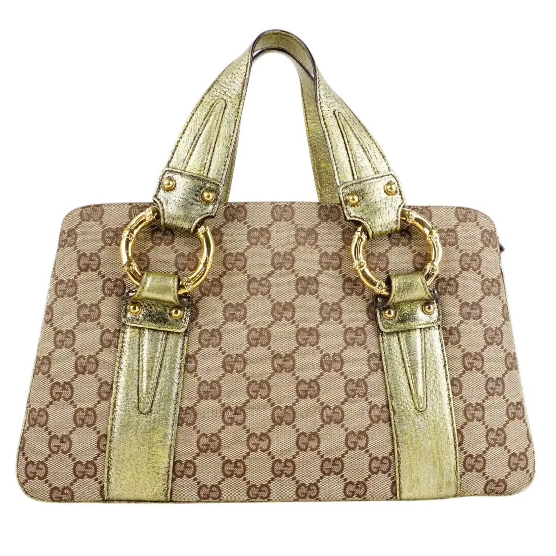 Gucci Metallic / Beige GG Canvas And Leather Bamboo Ring Satchel