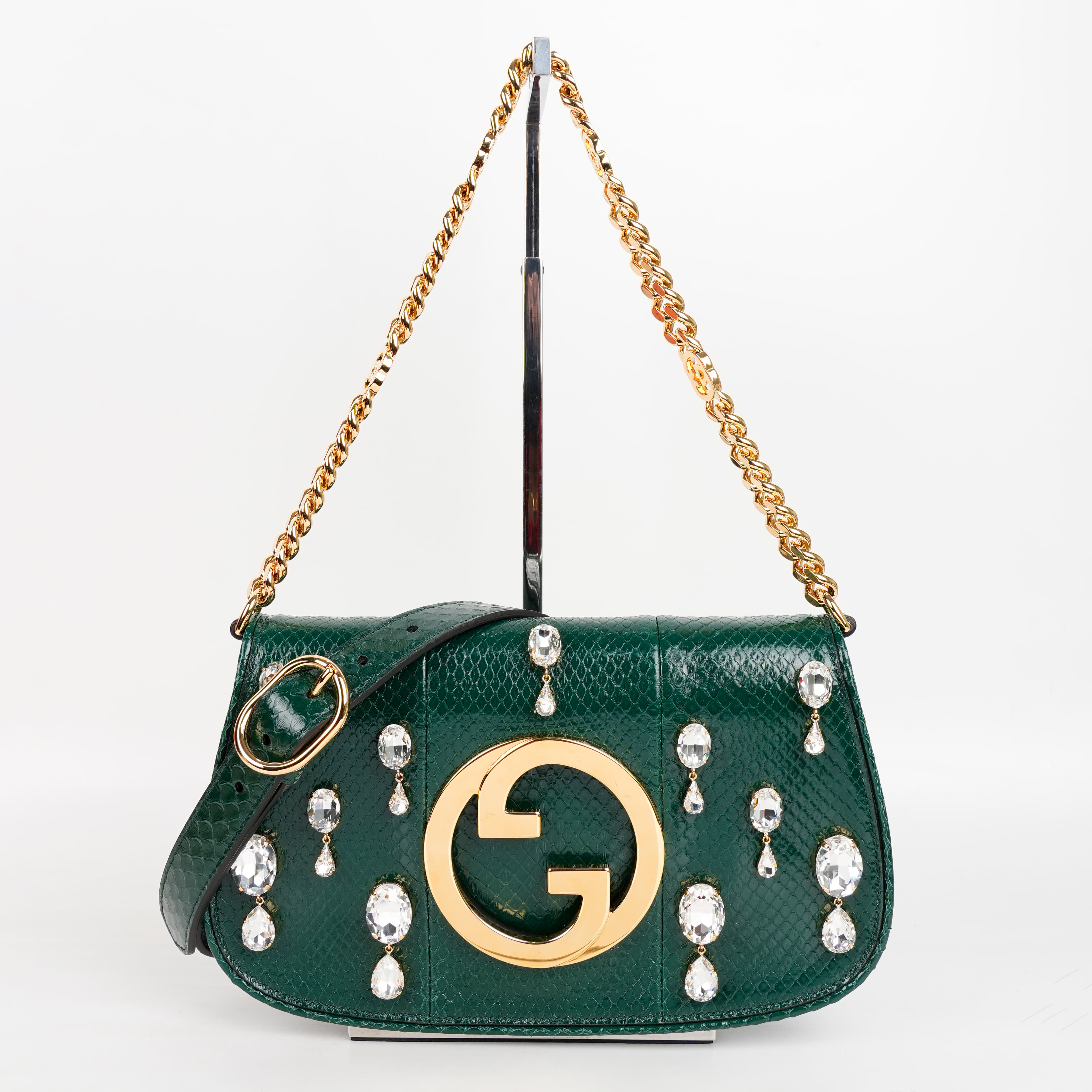 Gucci Nojum Blondie Python Shoulder Bag In Green With Crystal Detailing And Gold-Toned Hardware