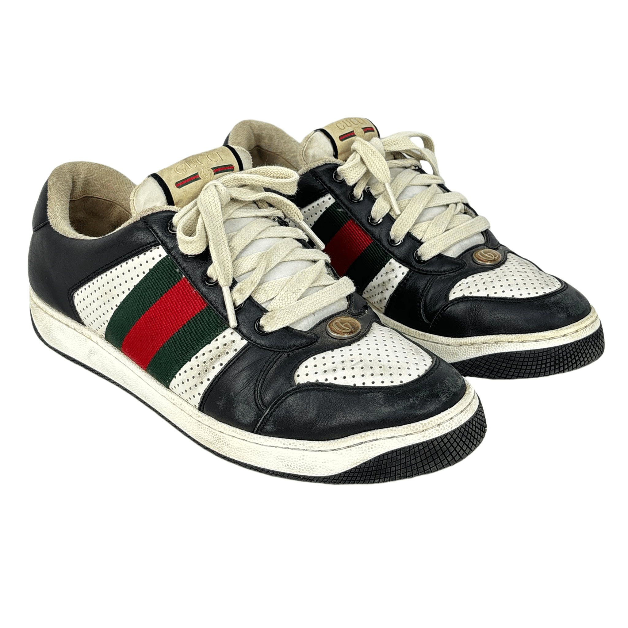 Size 7 - Gucci Screener Black And White Leather Web Stripe Low Top Sneakers