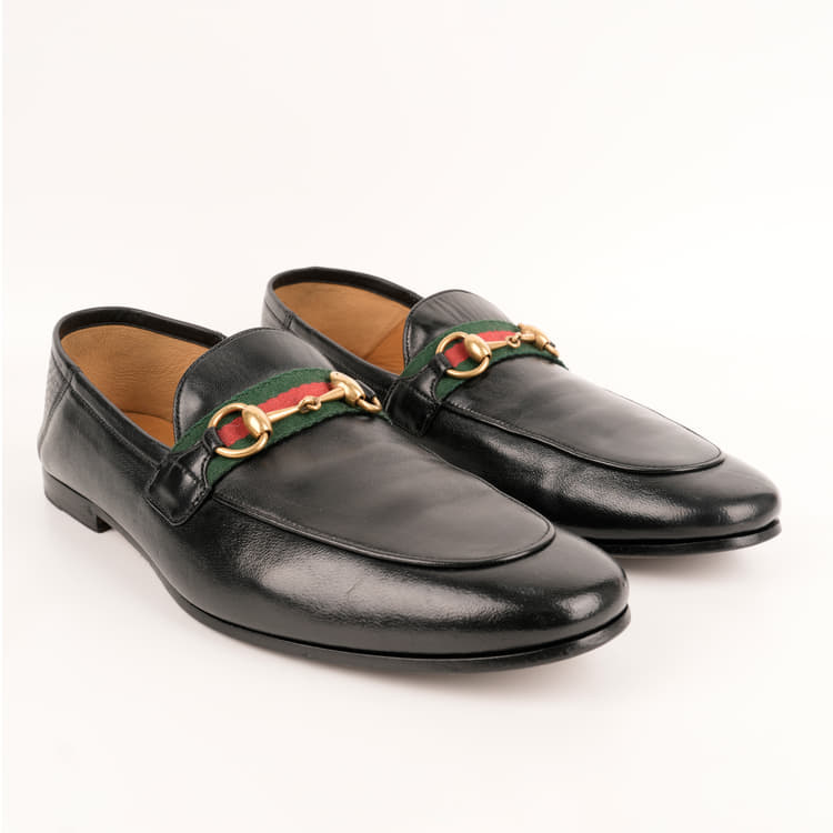 Size 9 - Gucci Web Black Leather Horsebit Loafers-Hover-Image
