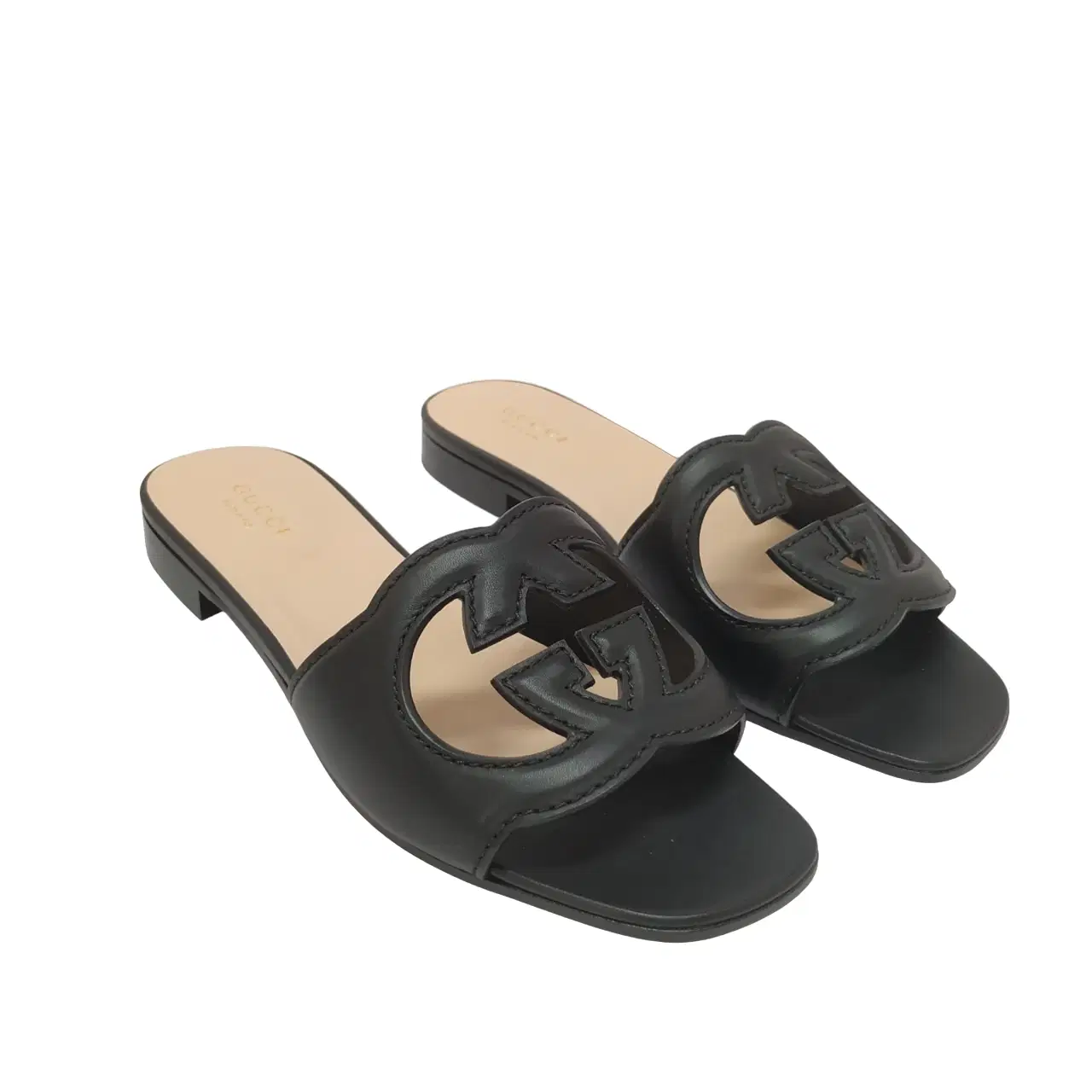 Gucci Black Leather Interlocking G Cut Out Flat Slides - Luxepolis