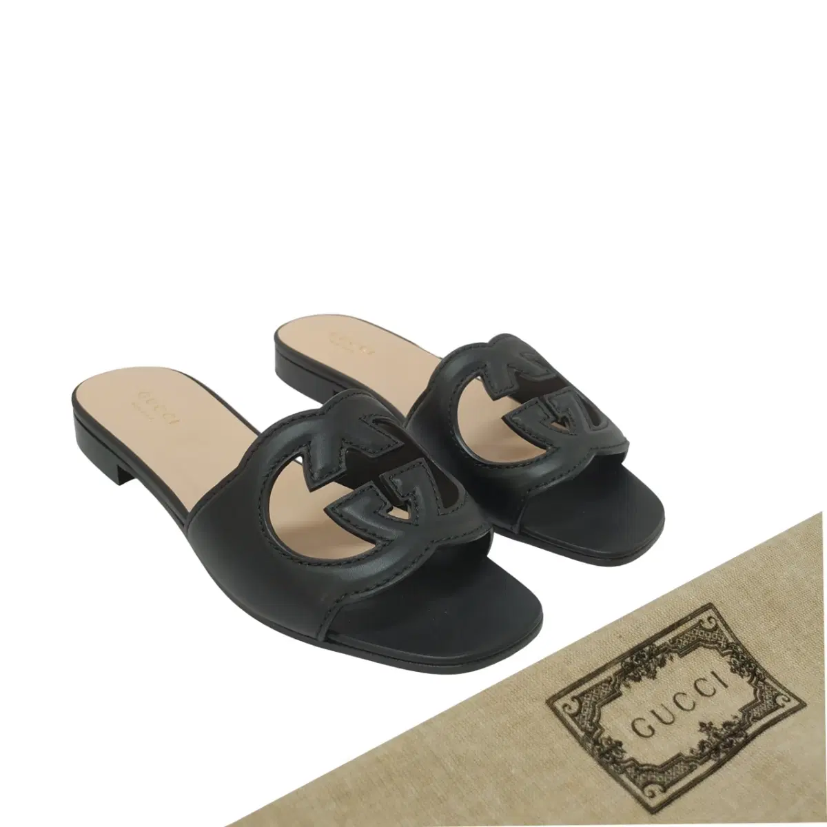 Gucci Black Leather Interlocking G Cut Out Flat Slides - Luxepolis