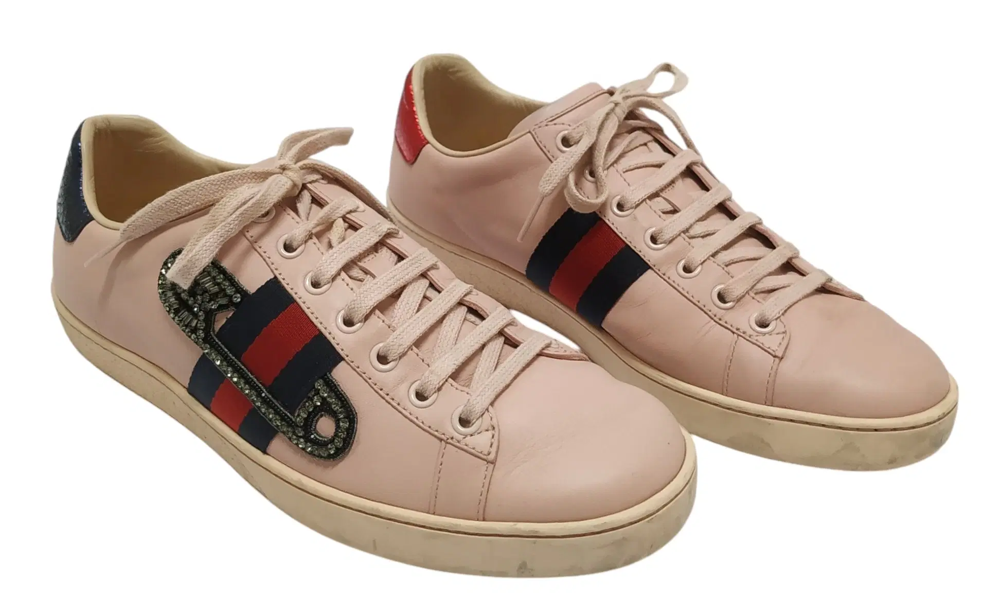 Size 39.5 - Gucci Pink Leather Ace Web Crystal Embellished Low Top Sneakers