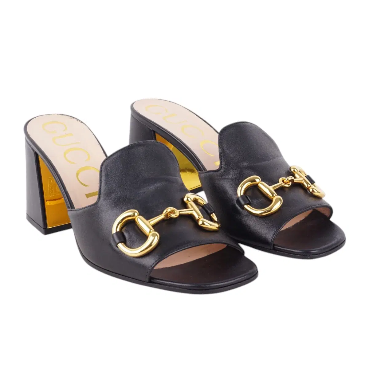 Size 38.5 - Gucci Black Leather Horsebit Block Heel Slide Sandals