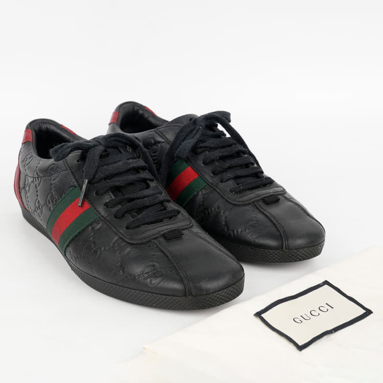 EU 38 - Gucci Black Guccissima Leather Web Low Top Sneakers-Hover-Image