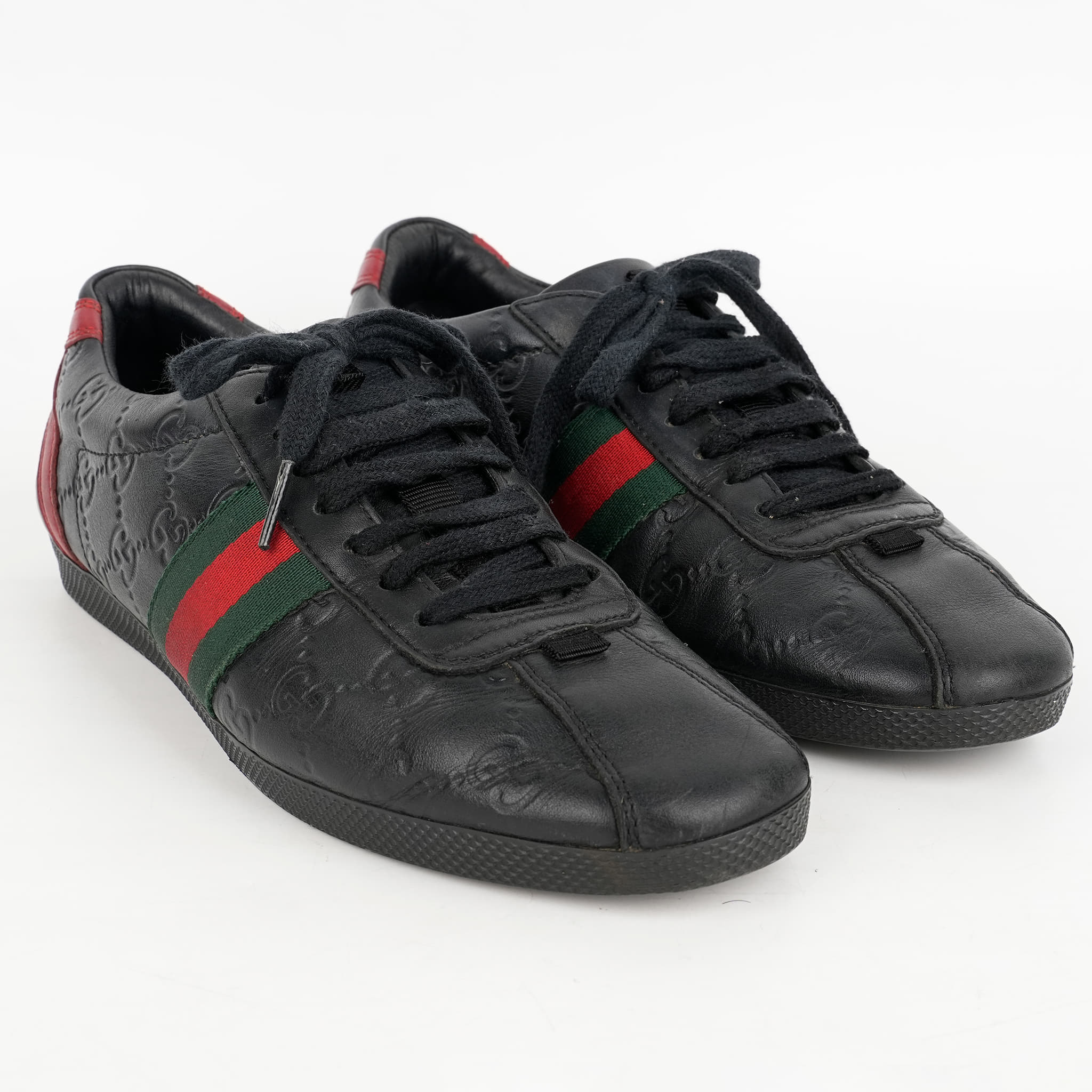 EU 38 - Gucci Black Guccissima Leather Web Low Top Sneakers