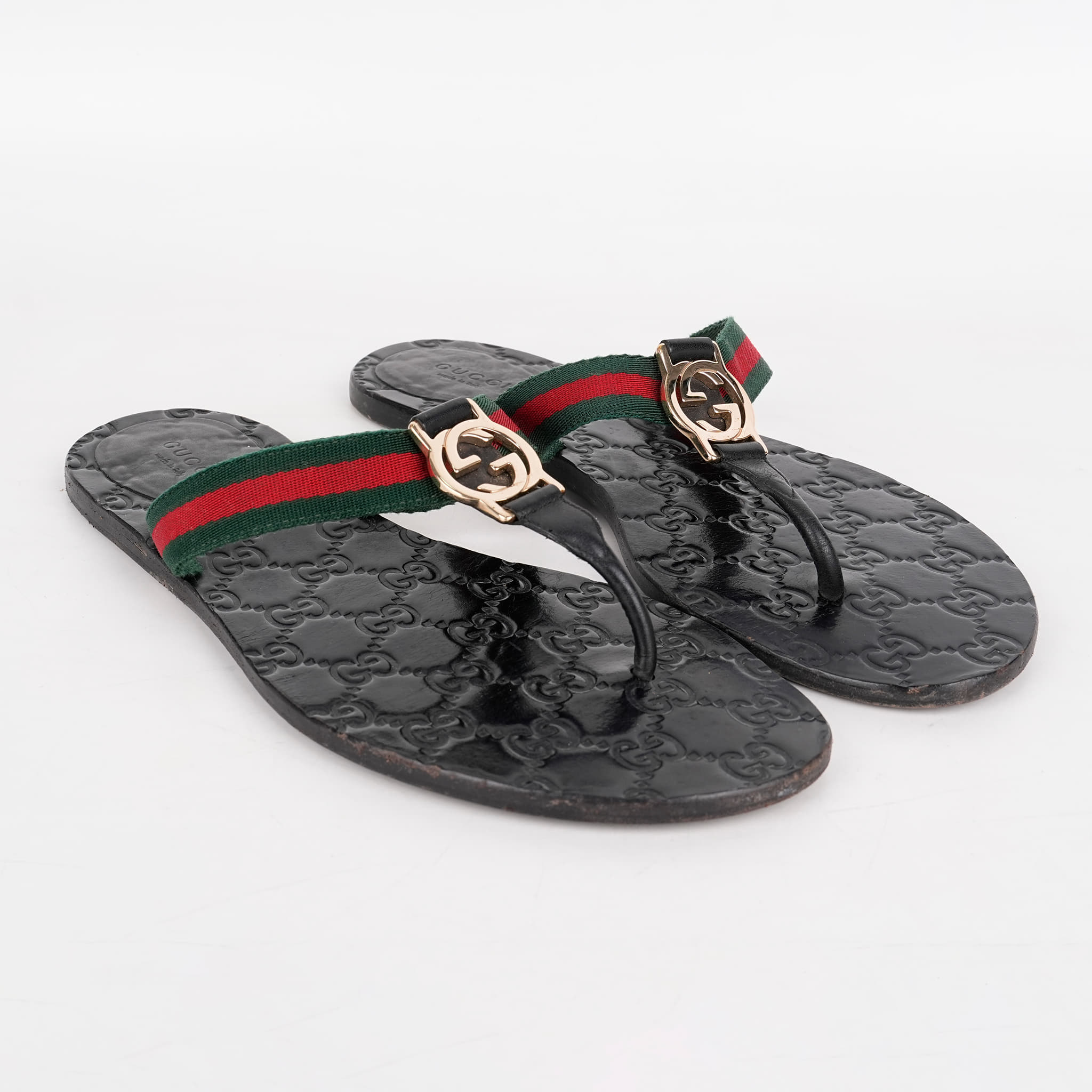 Gucci GG Thong Web Sandals, Size 38.5