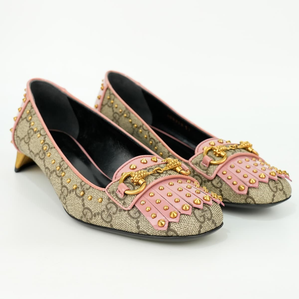 Size 37 - Gucci Beige/Pink GG Supreme Canvas and Patent Leather Studded Fringe Loafer Pumps