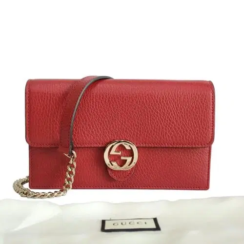 Gucci GG Interlocking Red Leather Wallet On Chain
