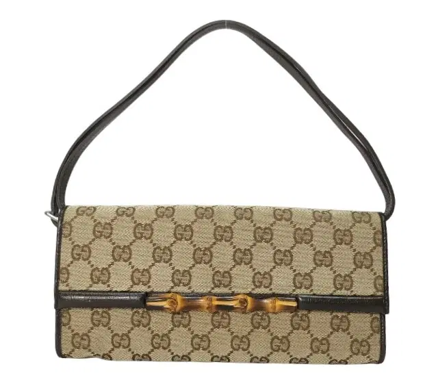 Gucci Dark Brown/Beige GG Canvas and Leather Bamboo Bar Clutch Bag
