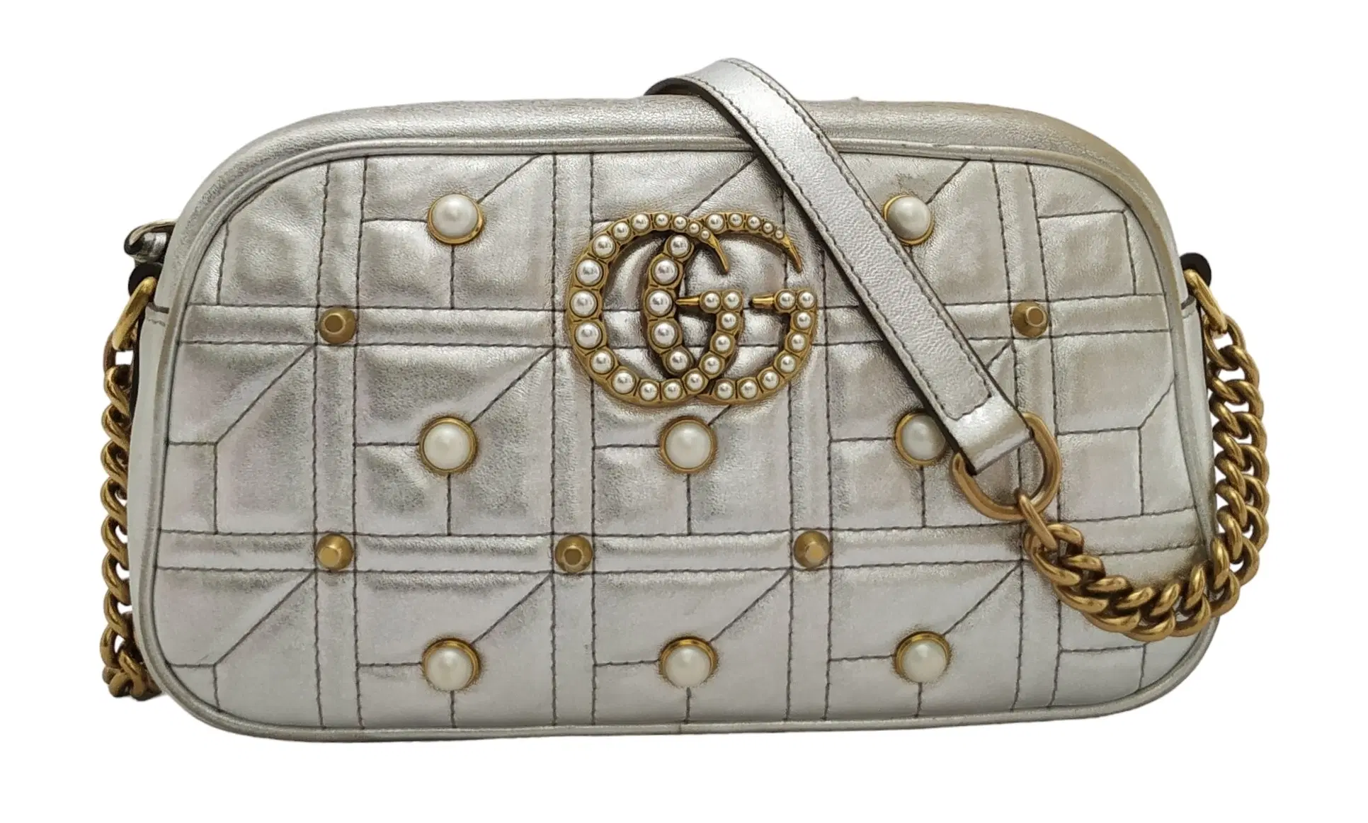Gucci Leather Small Studs and Pearl Embellished GG Marmont Shoulder Bag