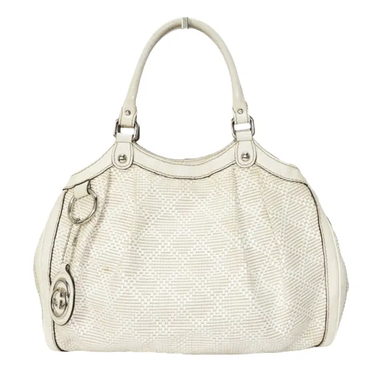 Gucci White Diamante Raffia and Leather Sukey Tote-Hover-Image