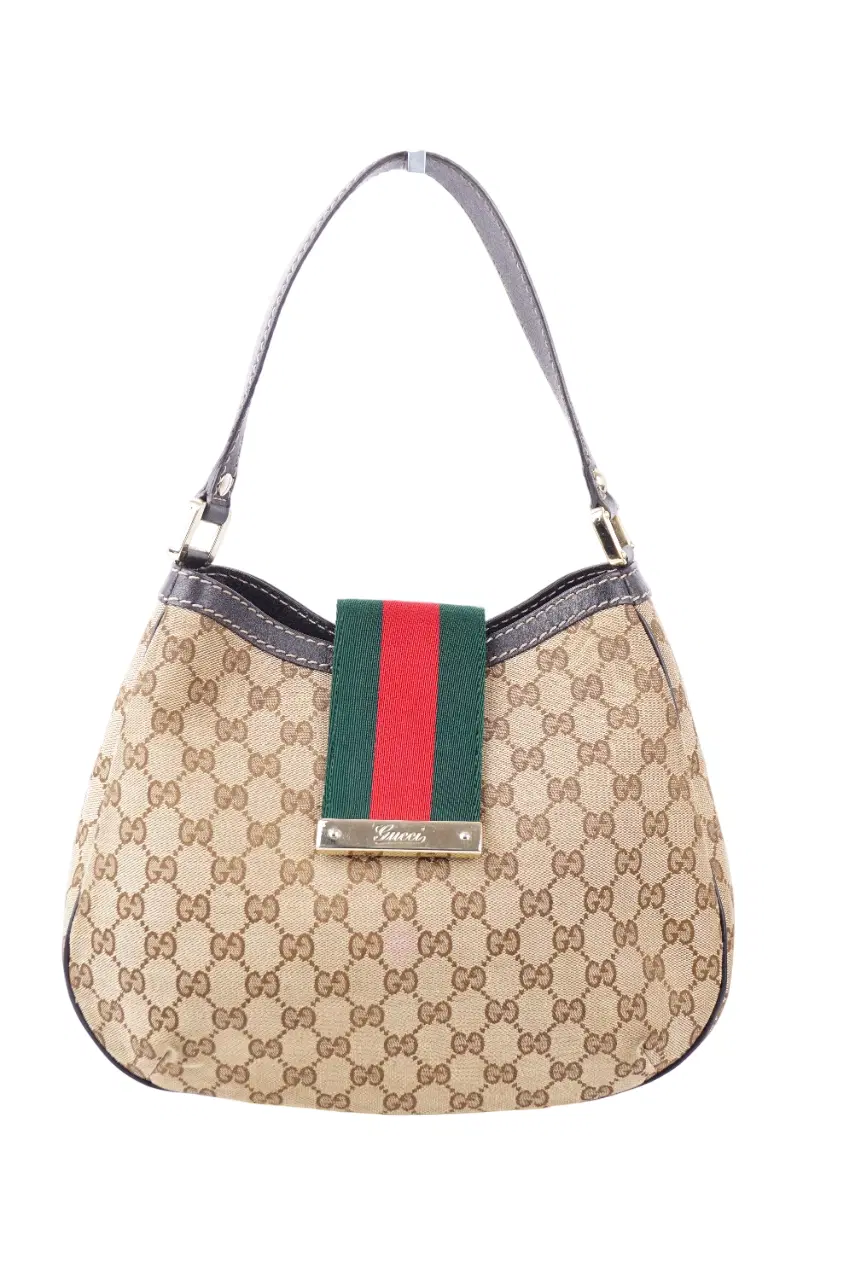 Gucci Beige/ Brown Web-Detail Monogram Canvas Hobo Bag