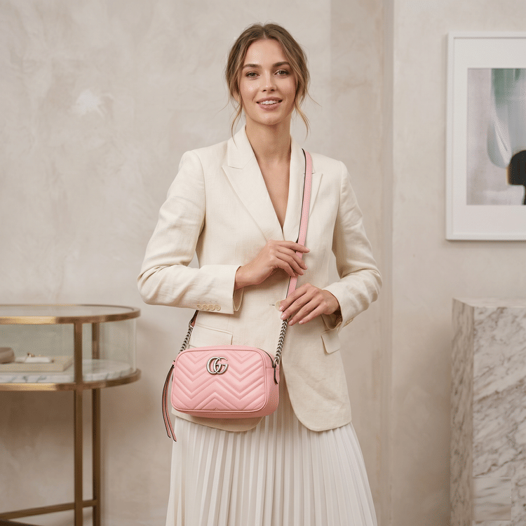 Gucci GG Marmont Small Camera Bag in pink matelasse chevron leather-Hover-Image