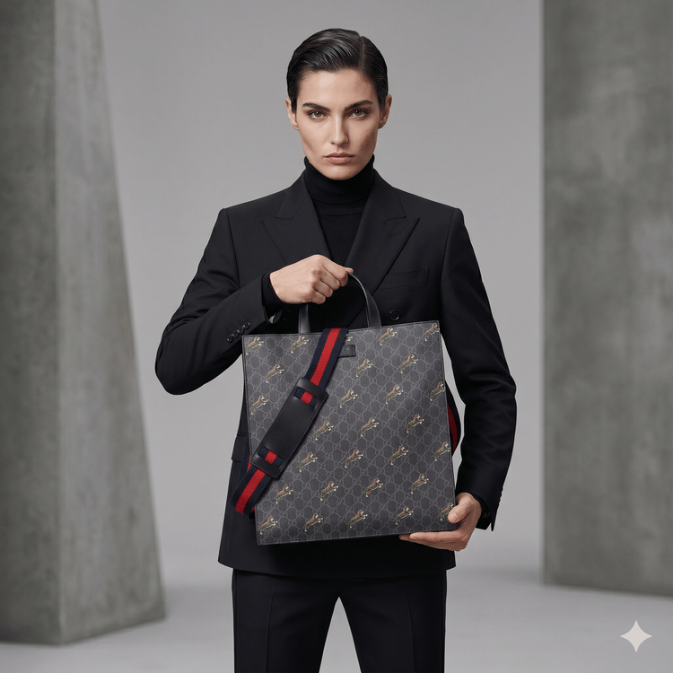 Gucci Black GG Supreme Canvas Tiger Print Vertical Tote-Hover-Image