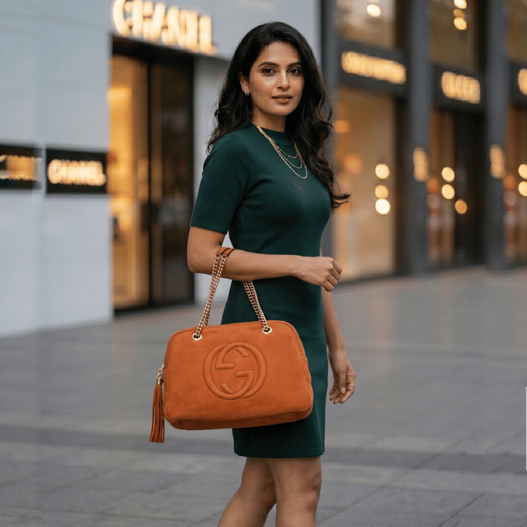 Gucci Orange Nubuck Leather Large Soho Chain Shoulder Bag-Hover-Image