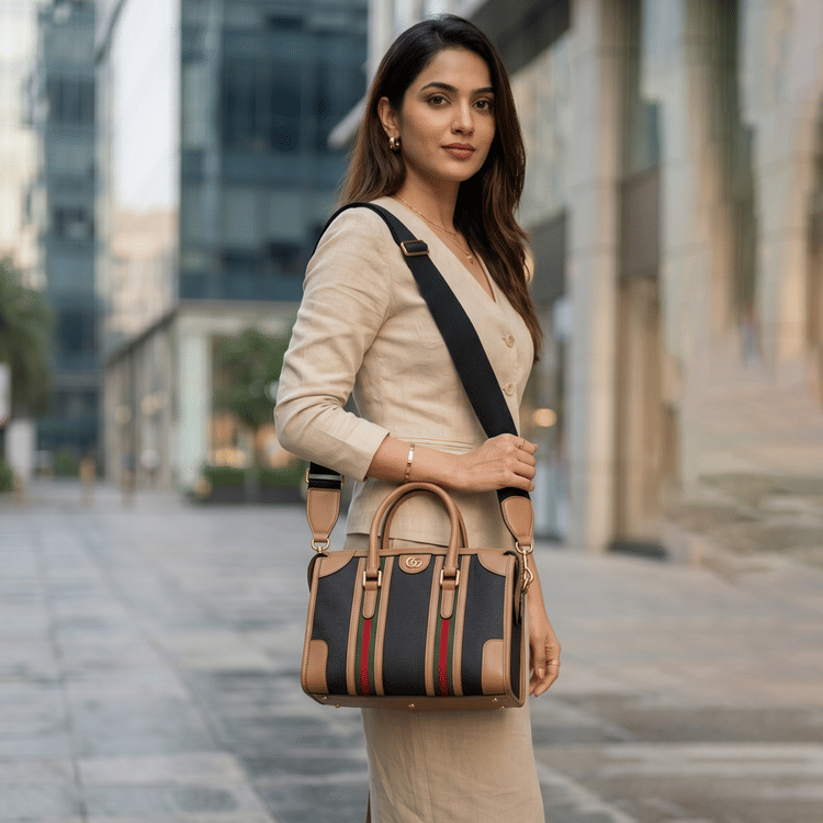 Gucci Monogram Textured Dollar Calfskin Web Small Bauletto Duffle Top Handle Bag-Hover-Image