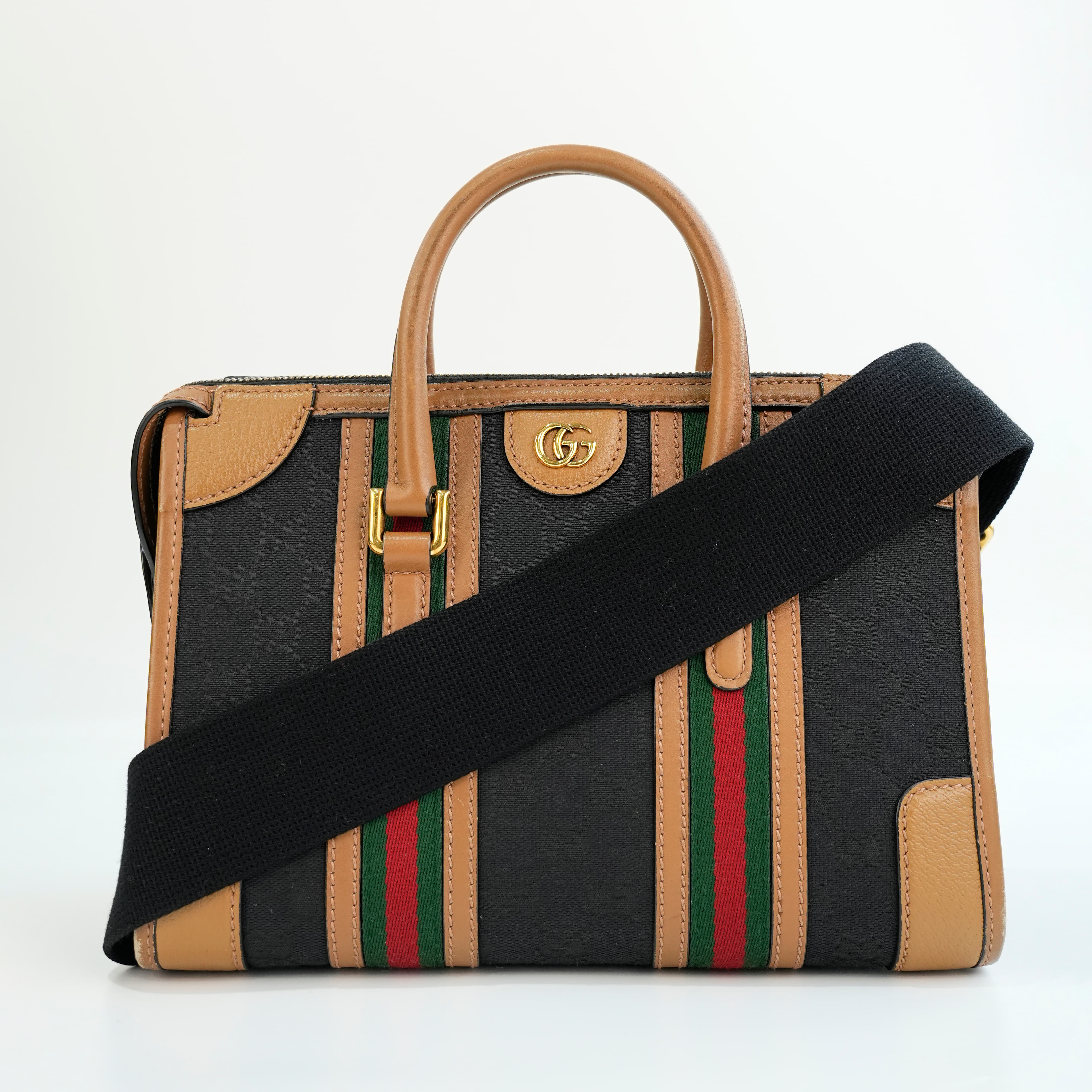 Gucci Monogram Textured Dollar Calfskin Web Small Bauletto Duffle Top Handle Bag