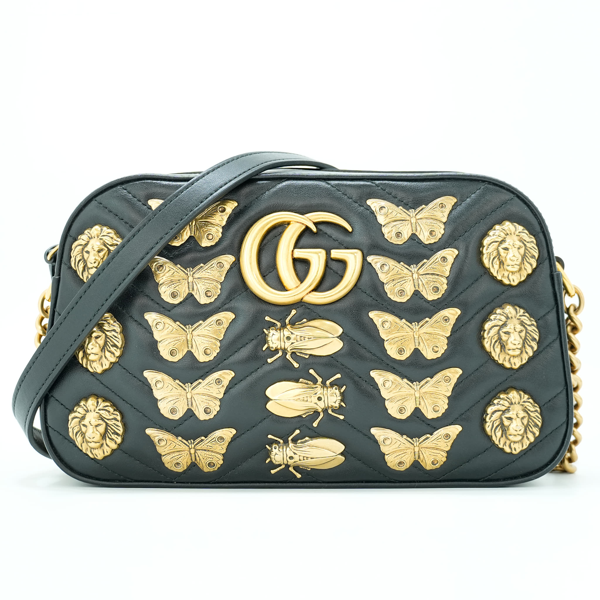 Gucci Black GG Marmont Leather Animal Stud Shoulder Bag
