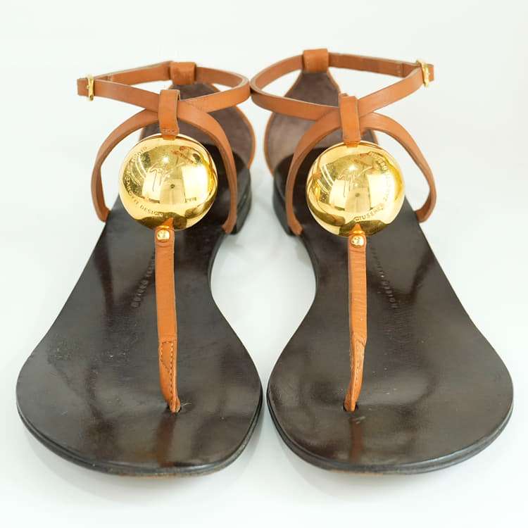 Size 40 - Giuseppe Zanotti Logo-Ball Ornament Flat Sandals In Brown Strap-Hover-Image