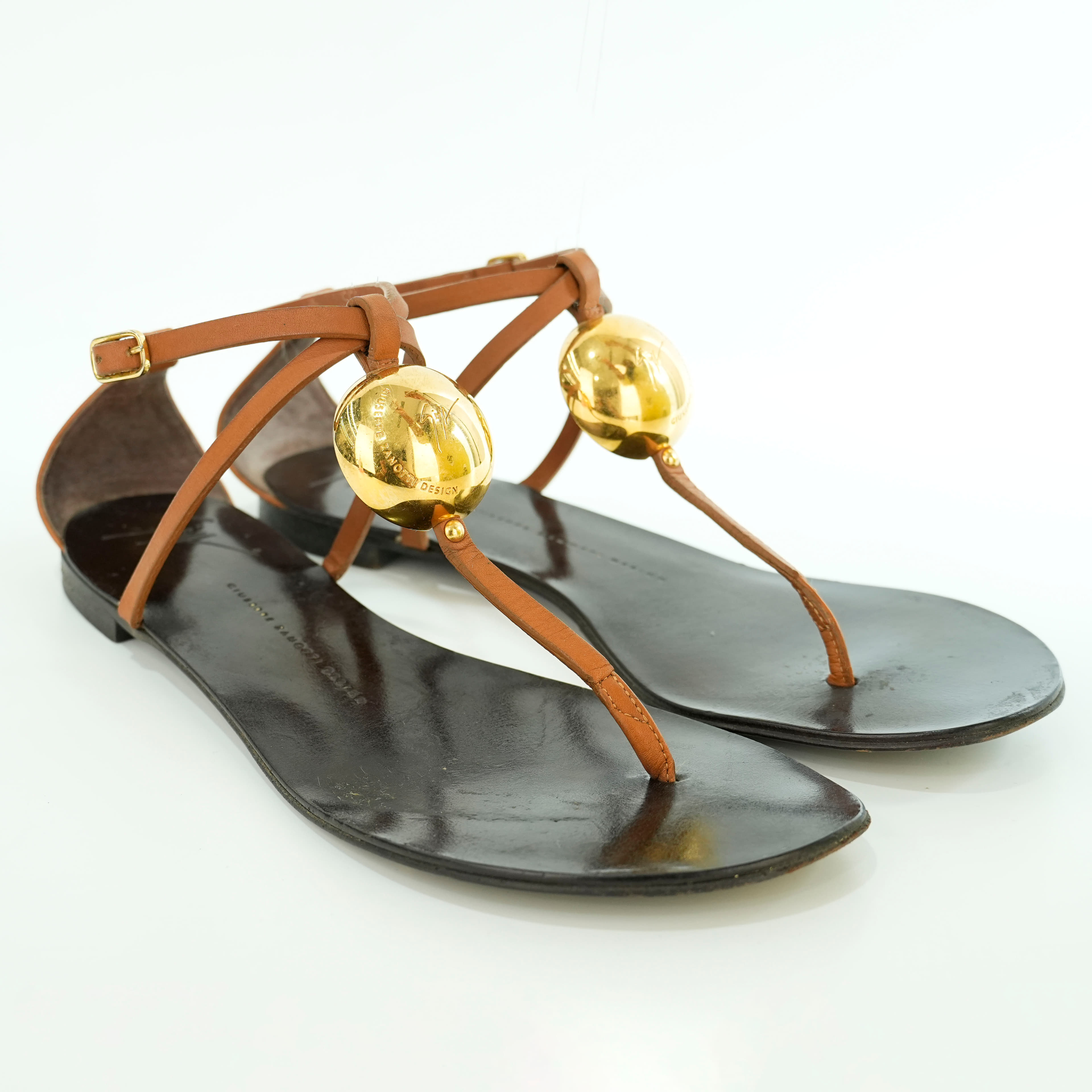 Size 40 - Giuseppe Zanotti Logo-Ball Ornament Flat Sandals In Brown Strap
