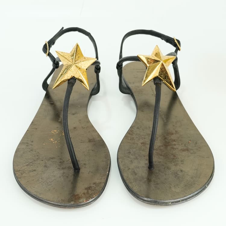 Size 40.5 - Giuseppe Zanotti black leather thong sandals with gold star charm-Hover-Image