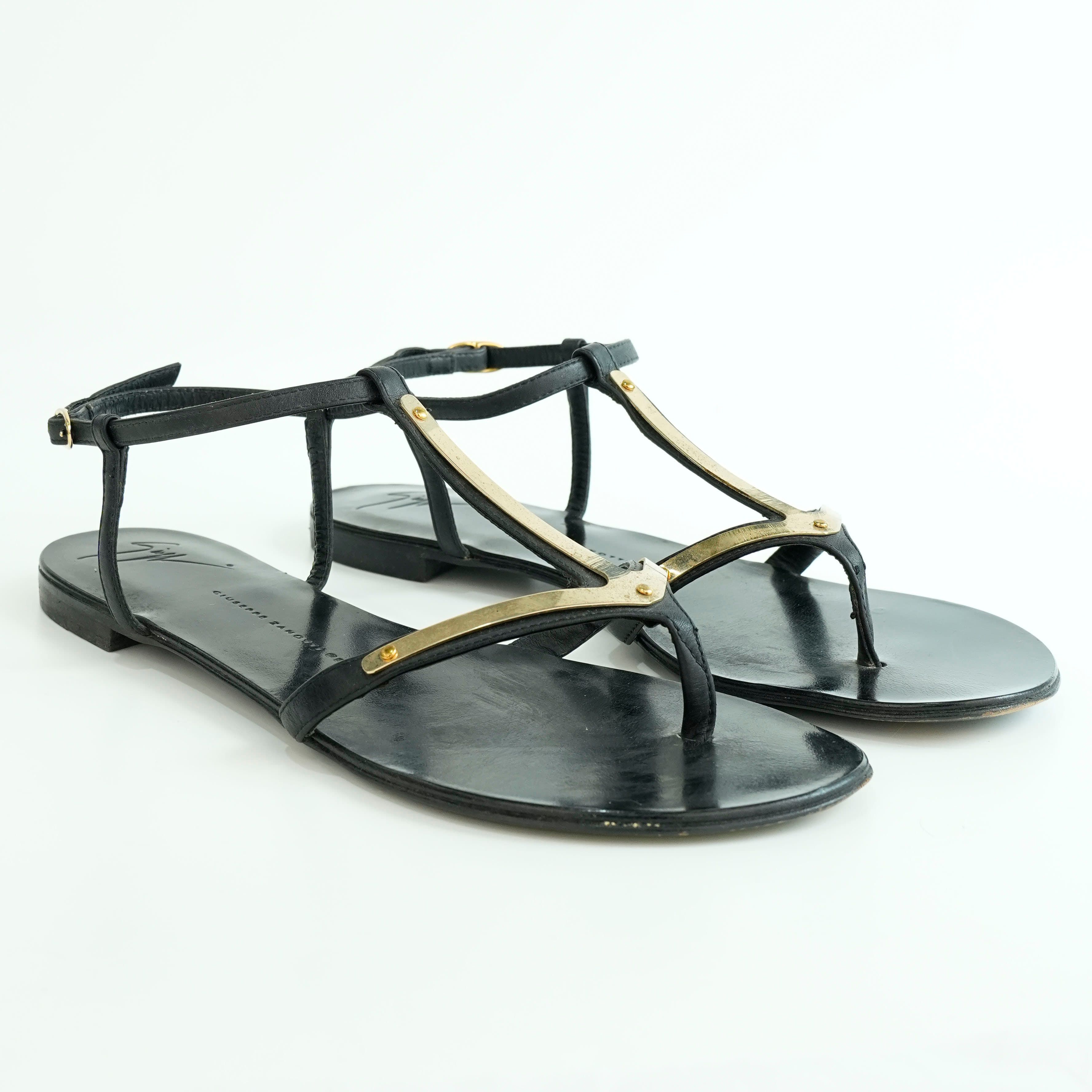 Size 40 - Giuseppe Zanotti Italian black leather and gold metal women's sandals
