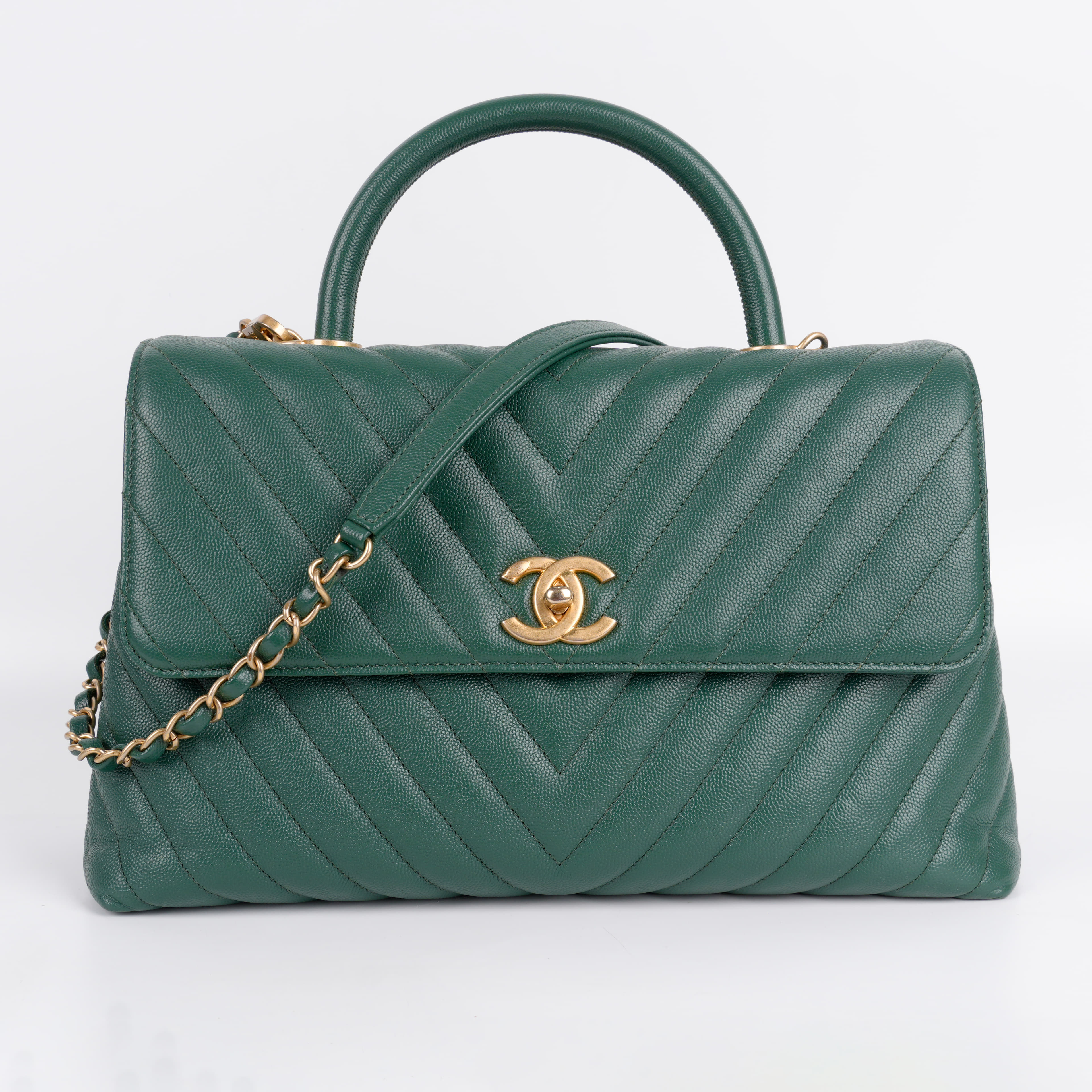 Chanel Green Small Chevron Quilted Caviar Leather Coco Handle Bag