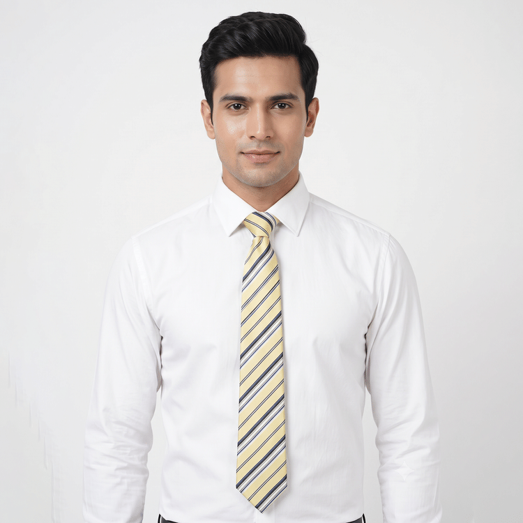 Hugo Boss Business Tie in Silk Yellow/ Navy Diagonal Stripe-Hover-Image