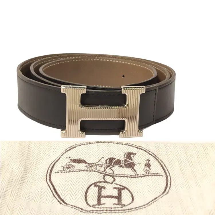 Hermes Noir/Etoupe Chamonix and Togo Leather H Strie Reversible Belt-Hover-Image