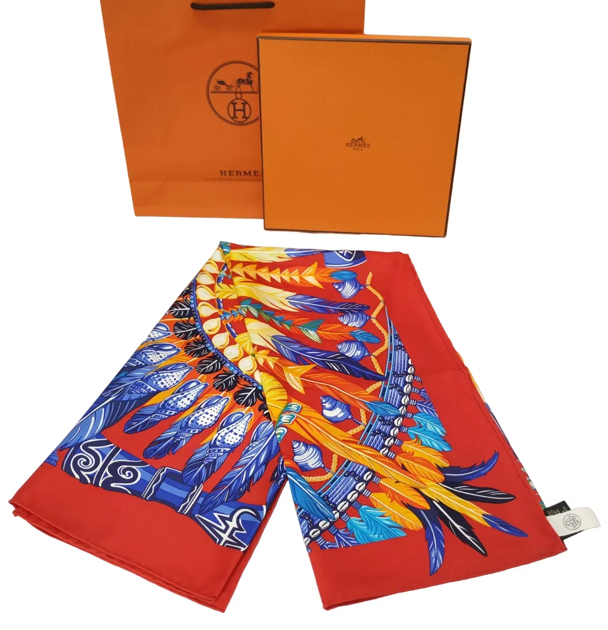 Hermes Silk La Danse Pacifique Scarf 90 Rouge Bleu Vif Bouton D'O