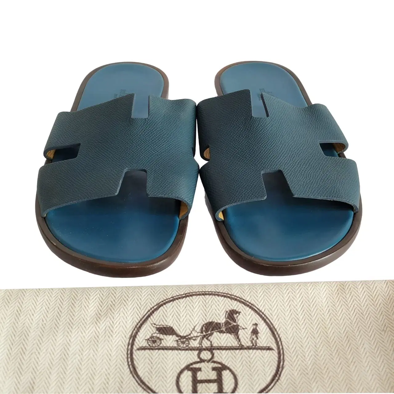 Hermes Izmir Blue Leather Slip On Slides