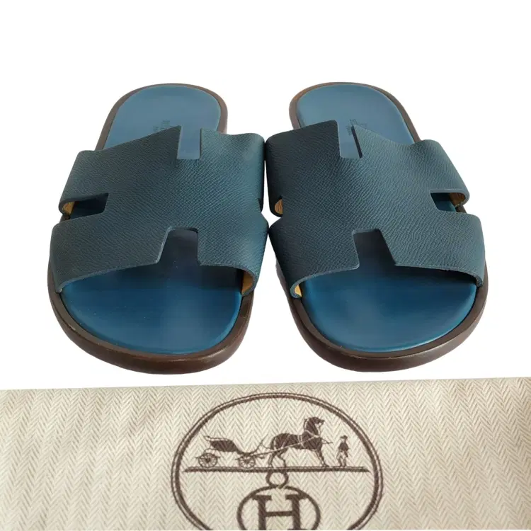 Hermes Izmir Blue Leather Slip On Slides-Hover-Image