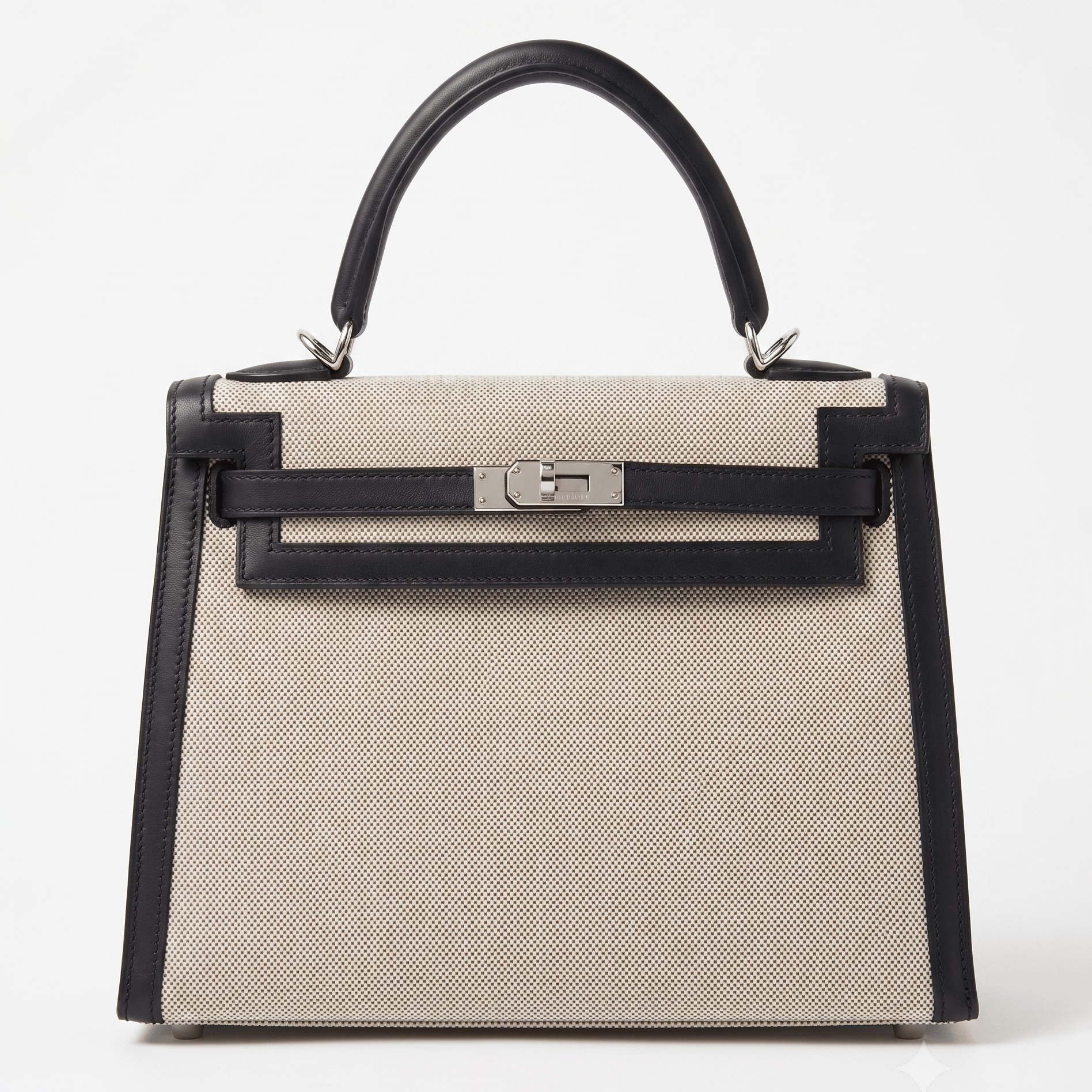 Hermès Kelly 25 Sellier in Ecru Toile So H Canvas and Black Swift Leather with Palladium Hardware
