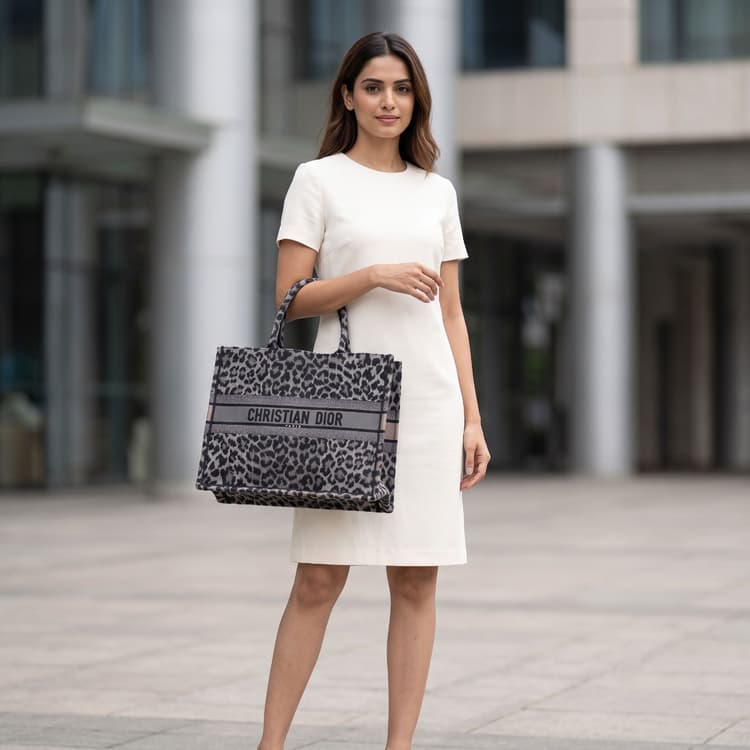Christian Dior Book Tote in a grey and black leopard-printed canvas-Hover-Image