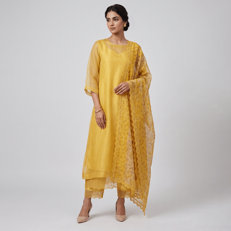 Eka Yellow Organza Suit Set-Hover-Image