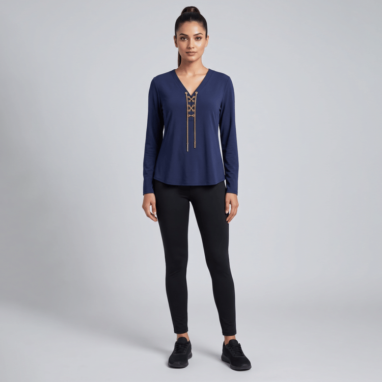 Michael Kors Blue Top With Gold Chain-Hover-Image