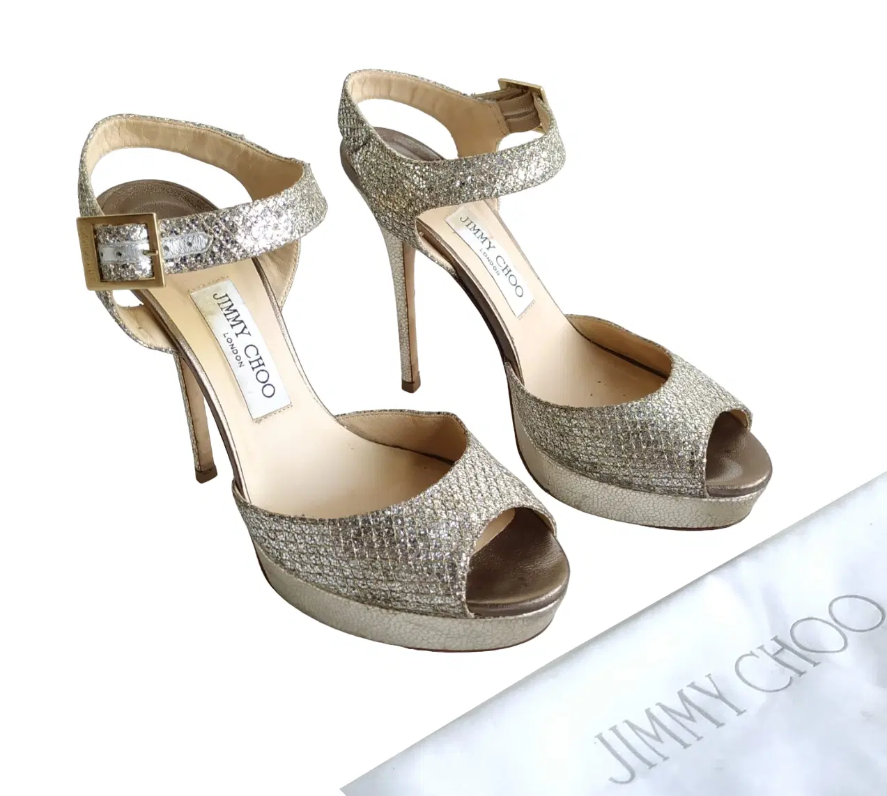 Size 38.5 - Jimmy Choo Glitter Ankle Strap Platform Heels Sandals