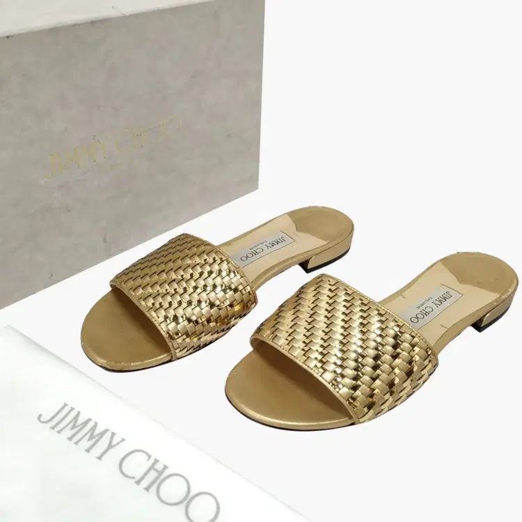 Size 39 - Jimmy Choo Woven Gold Metallic Fabric Joni Flats Slide-Hover-Image