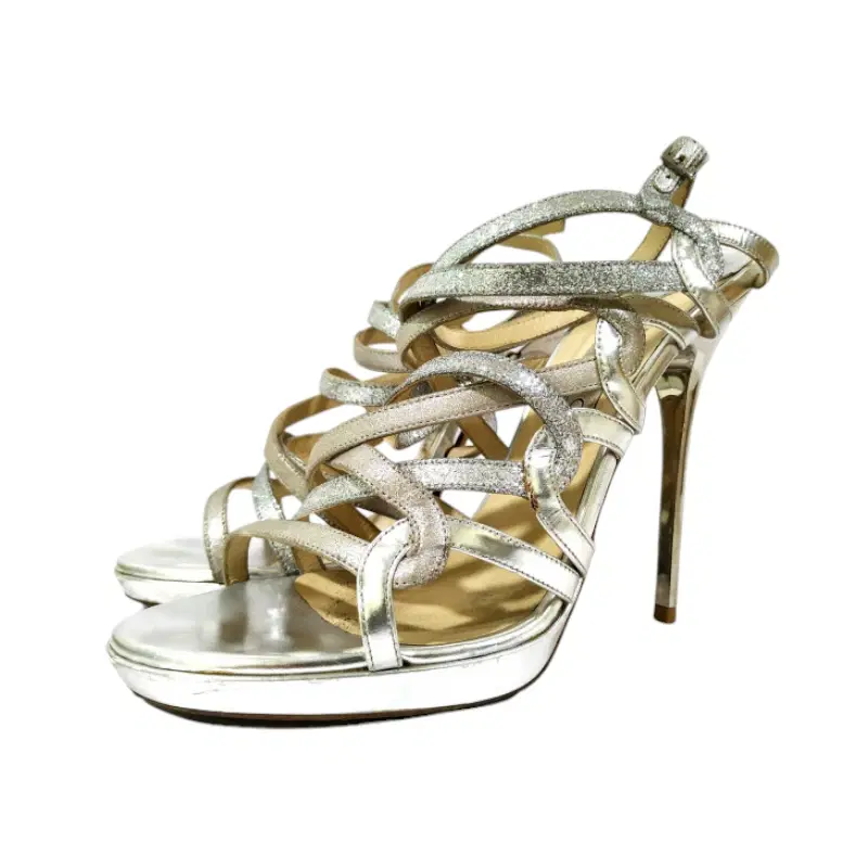Jimmy Choo Dart Glittered Metallic Leather Sandals