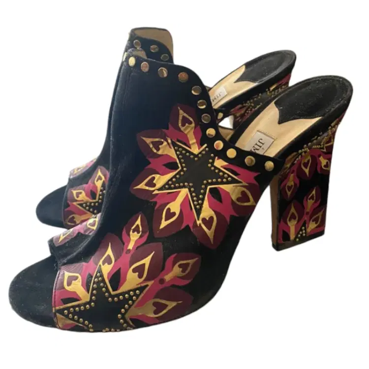 Jimmy Choo Black and Pink Hustle 100 Suede Galaxy Star Print Mules-Hover-Image