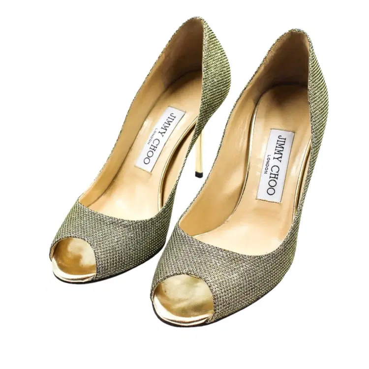 Jimmy Choo Kitten Heel Sparkly Gold Glitter Peep Toe Pumps-Hover-Image