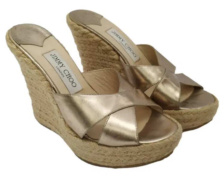 Size 36.5 - Jimmy Choo Metallic Gold Patent Phyllis Espadrille Wedges-Hover-Image