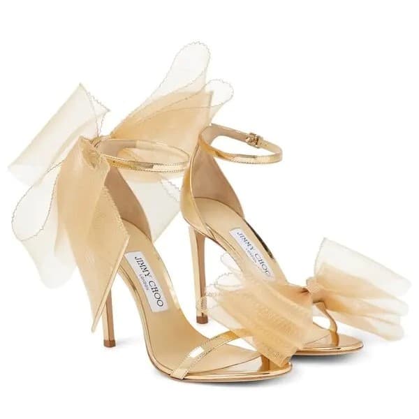 Size 37 - Jimmy Choo Gold Leather Averly Bow Ankle Strap Sandals-Hover-Image