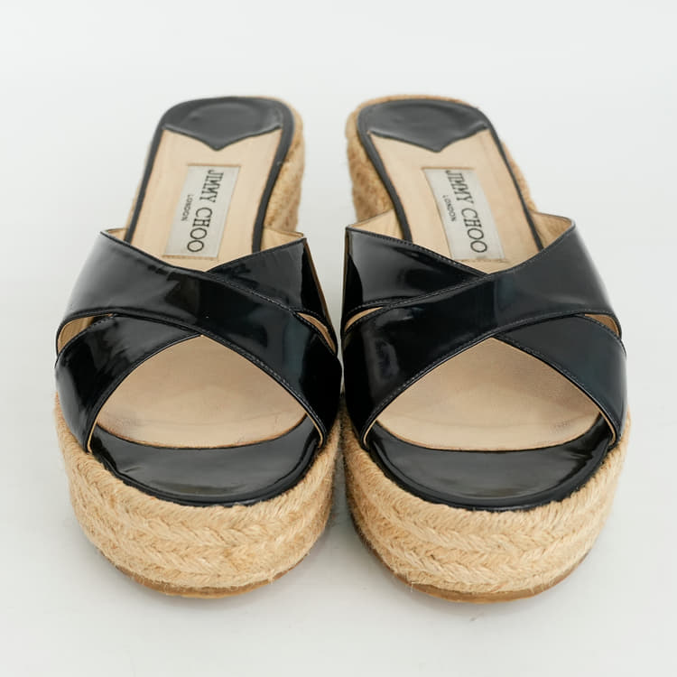 Size 38 - Jimmy Choo Paisley Black Patent Leather Espadrille Wedges-Hover-Image
