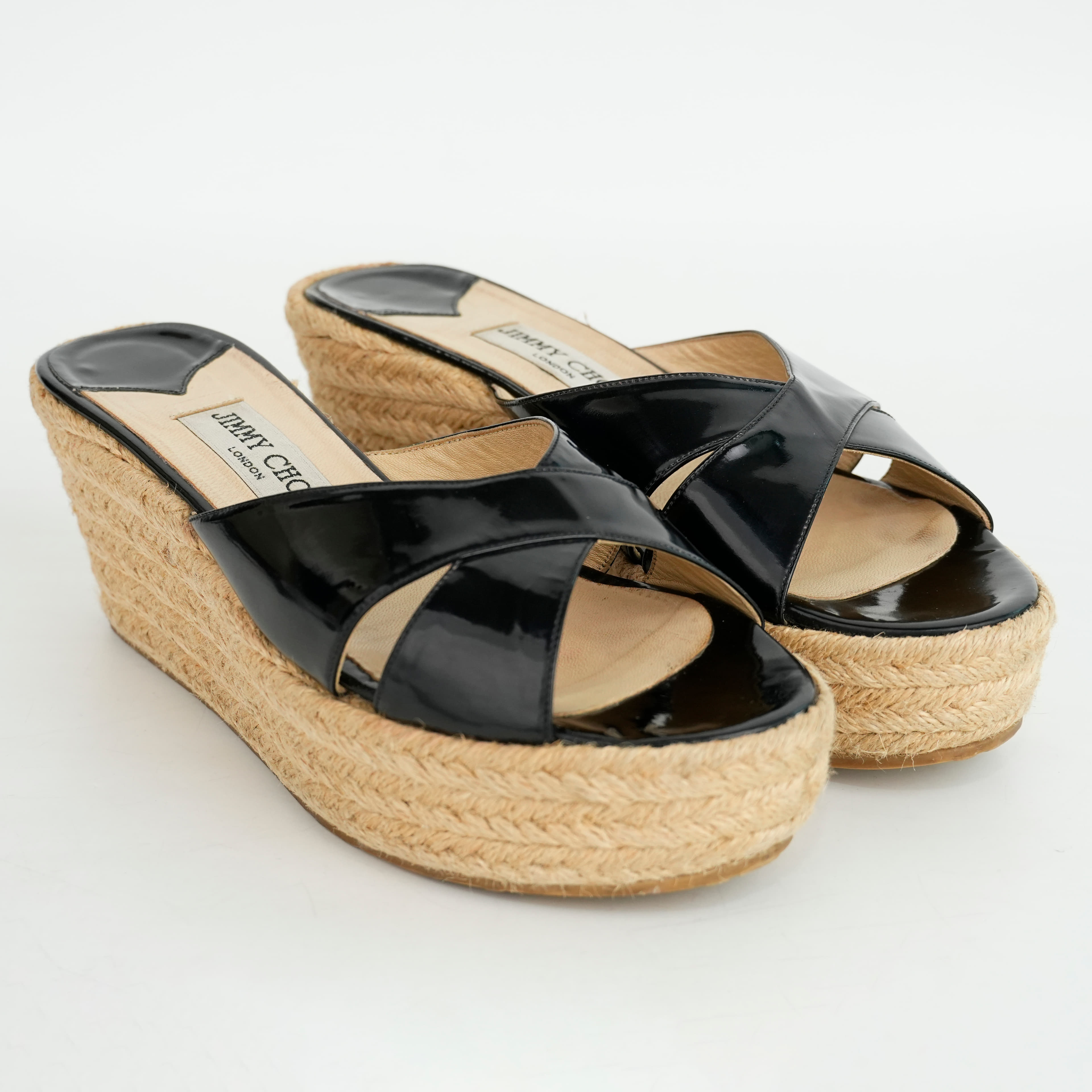 Size 38 - Jimmy Choo Paisley Black Patent Leather Espadrille Wedges
